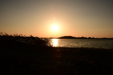 Sunset on Tatebayashi Tatara Swamp in Japan. Tatara Swamp is famous in Japan.
