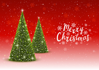 Christmas trees on shiny red background 
