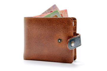 Leather Wallet With Thai Banknote On White Isolated Background