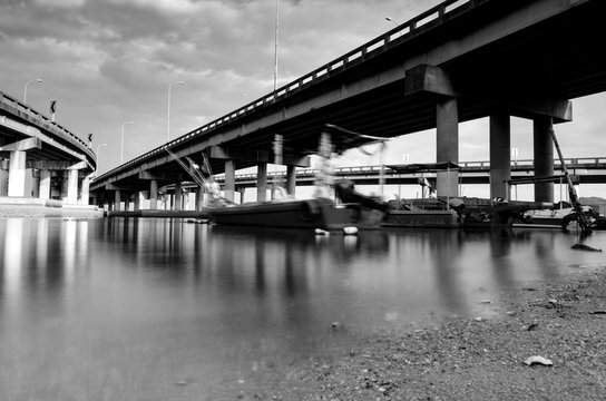 Fototapeta black and white image under penang bridge located in Penang, Mal