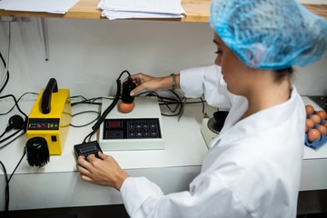Female staff examine egg on digital egg monitor