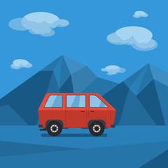 Red Car on Low Poly Mountain Road | Editable scenic vector illustration for tourism or travel related design