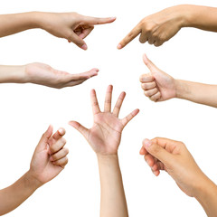 Collage of woman hands isolated on white background