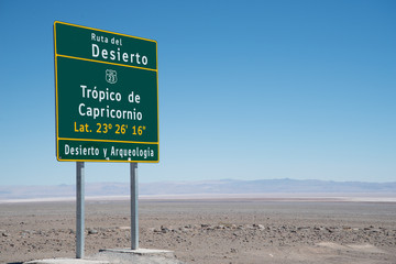 Highway sign marking the Tropic of Capricorn in the Atacama Desert in northern Chile