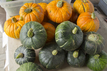 Pumpkins and squash at a farmers' market stall in Saskatoon Saskatchewan Canada