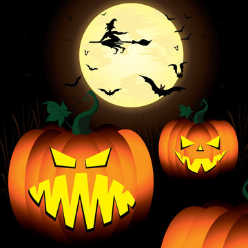 Halloween Pumpkin and Witch, Spooky, Tree, Bats in moon night sky.