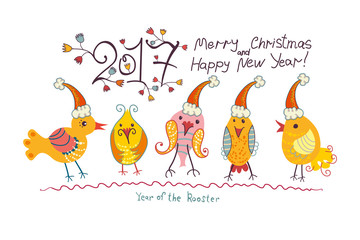 Five funny chicken in Christmas cap. Merry Christmas and Happy New Year! 