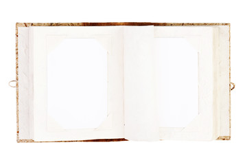 Open old photo album with place for your photos isolated on white background.