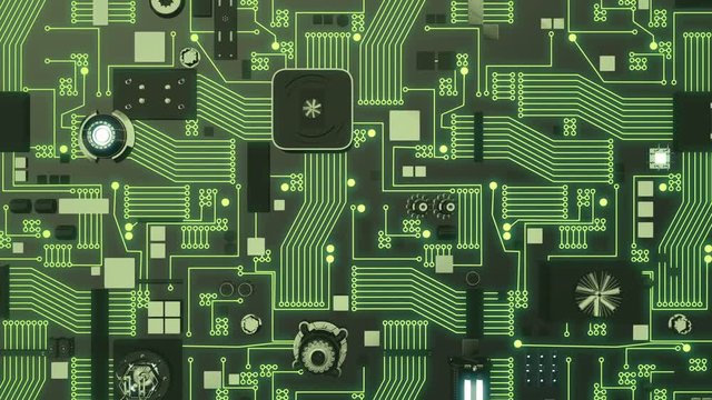 Seamless looping 3D animation of a CPU concept with an illuminated green futuristic circuit board
