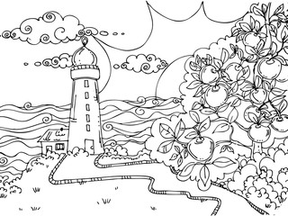 hand drawn ink doodle lighthouse, sun, apples, clouds, sea on white background. design for adults, poster, print. sketch. vector eps 8.