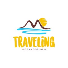 Travel and tour agency vector logo design. Beach, Sea, City, Temple, MountainHorizon