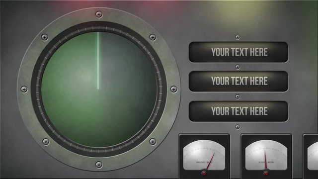 Old Radar. Change texts using the matte/alpha clip. Also has footage for the radar and text bases. Place an object in the radar screen playing with blending modes of the different clips.