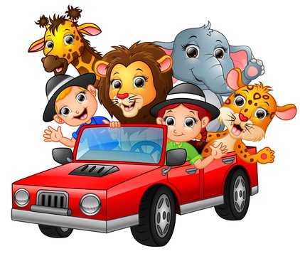 Cartoon kids driving a red car with wild animals