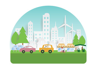 .Infographic green ecology city and Renewable energy  friendly concept. Vector flat illustrations