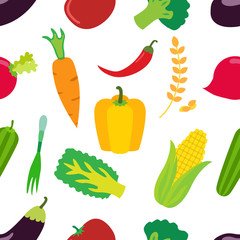 Vegetables pattern. Flat set of carrot, laminaria, pepper and cereal.
