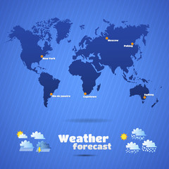 Weather map, forecast icons set. Blue signs.