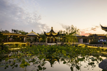 Night at traditional Chinese architecture, jiangnan pavilions