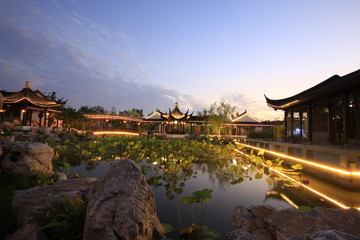 Night at traditional Chinese architecture, jiangnan pavilions