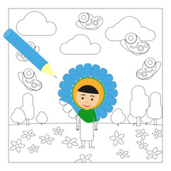 Kid in fancy flower dress in kindergarten. Coloring page for children. Vector illustration