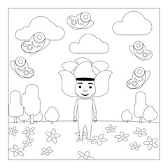 Kid in fancy flower dress in kindergarten. Coloring page for children. Vector illustration