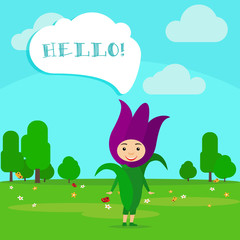 Obraz premium Kid in fancy flower dress with speech bubble in kindergarten. Vector Illustration