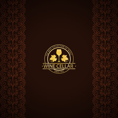Wine cellar decorative card with golden logo and ornamental vertical borders. Vector illustration