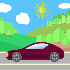 Dark Red Sport Car on a Road on a Sunny Day. Summer Travel Illustration. Car over Landscape.
