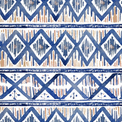 Watercolor ikat seamless pattern. Vibrant ethnic rhombus pattern in watercolour style. - 124315298