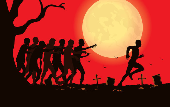 Silhouette vector runner run away from zombie group in the graveyard.