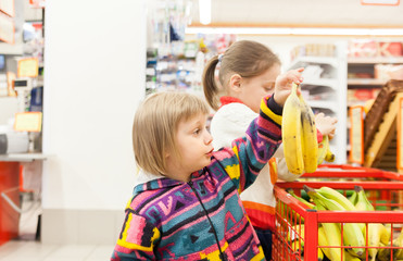 two girls 4 and 6 years old at   grocery store.