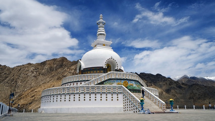 Shanti Stupa (Peace Pagoda) view on a hilltop in Chanspa in Leh, Jammu and Kashmir state, North India.