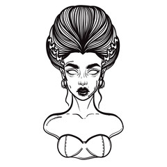 Naklejka premium The bride of Frankenstein Girl Line Art. Hand drawn vector illustration. Girl in Halloween costumes