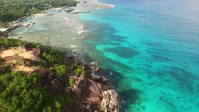 Aerial view of Seychelles tropical island La Digue island.