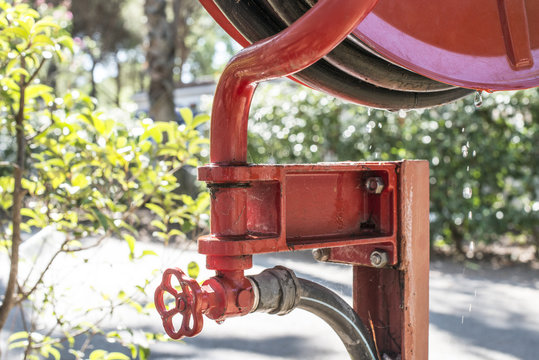 Fire extinguisher in a garden.