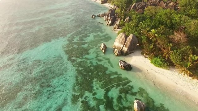 Aerial view of Seychelles tropical beach on La Digue island.