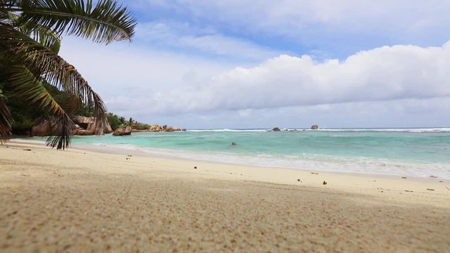 Beautiful view of Seychelles tropical beach on La Digue island.