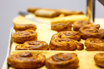 Various buns, lie on the counter for confectionery shop. Actuall
