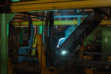 Industrial Worker at the factory welding closeup.
