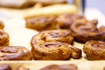 Various buns, lie on the counter for confectionery shop. Actuall