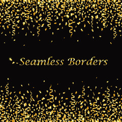 Seamless celebration borders with shiny golden confetti and party ribbons on black background. Vector illustration.