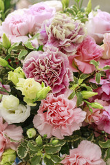 Floral arrangement with carnation, eustoma and hortensia flowers