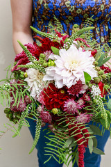 Modern wedding bouquet with dahlia and astrantia flowers.