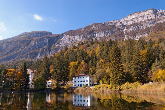 Lago di Cei (Cei Lake), alpine lake in Italian Alps in autumn. Trentino, Italy 