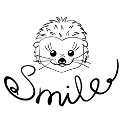 Smile. Inspirational quote. Cute smiling hedgehog. Vector illustration