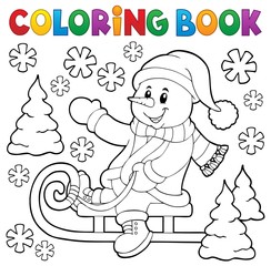 Coloring book snowman on sledge theme 1