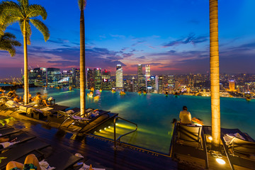 Pool on roof and Singapore city skyline