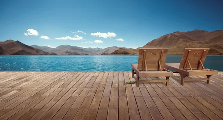 Zelfklevend Fotobehang Wooden lounge - Sundeck on landscapes view for vacation © jamesteohart