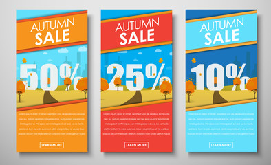 set of web banners with autumn landscape for sales at different