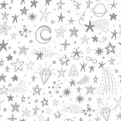 Cute vector background with hand drawn doodle funny stars, comets and moon