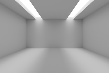 Empty room with white walls and opening in ceiling